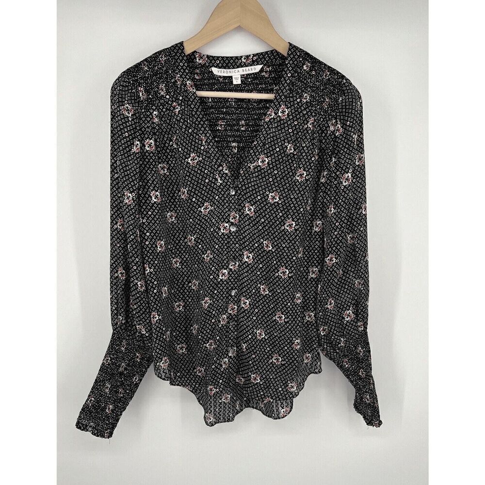 Veronica Beard Maree Size 6 Black Floral Silk Blouse Smocked Bishop Sleeve